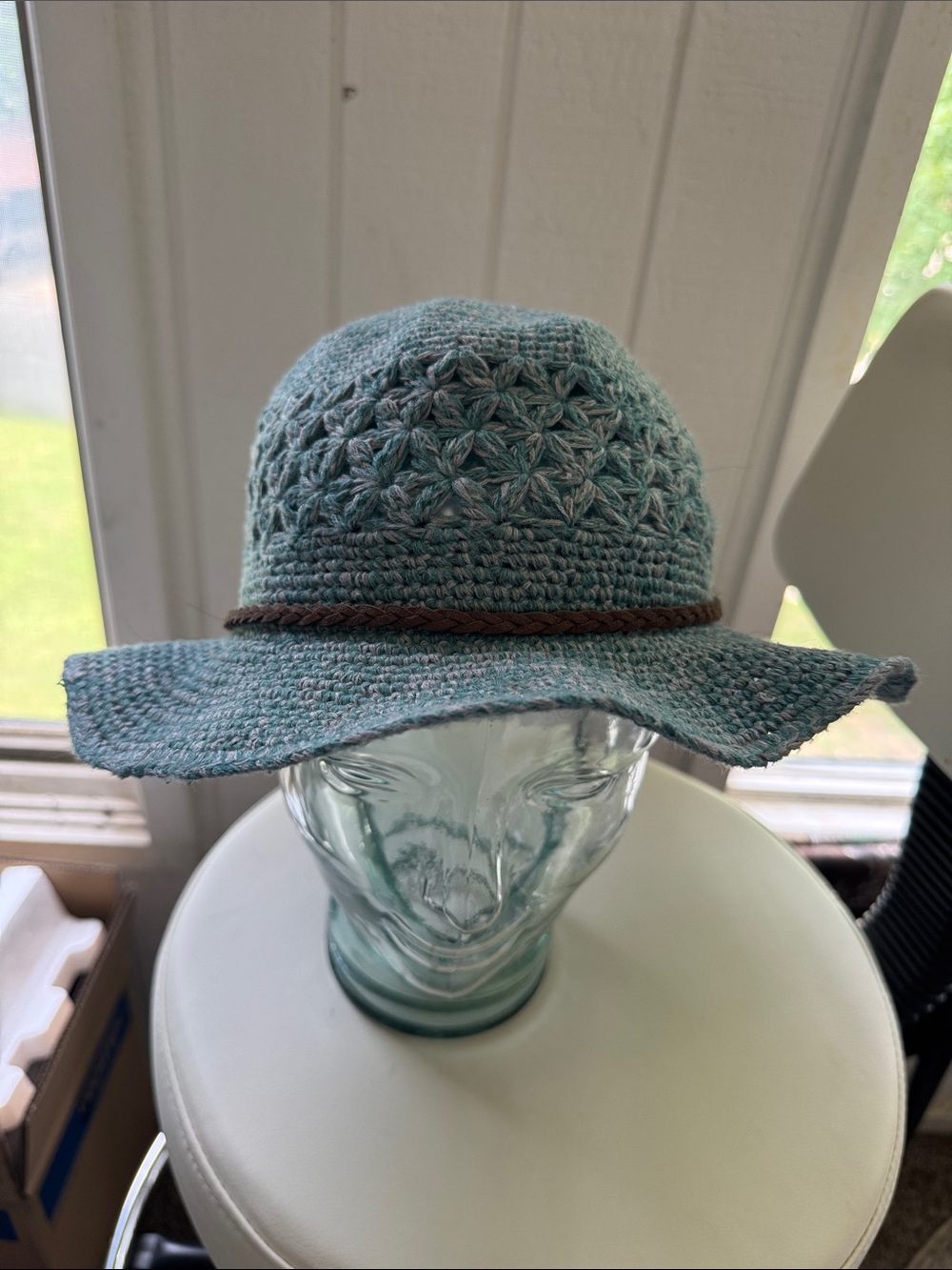pistil Baby Blue Crochet Sun Hat with Braided Brown Band